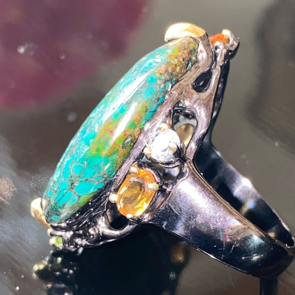 Mysterious Genuine Turquoise Ring with Gemstones - Picture 8 of 17